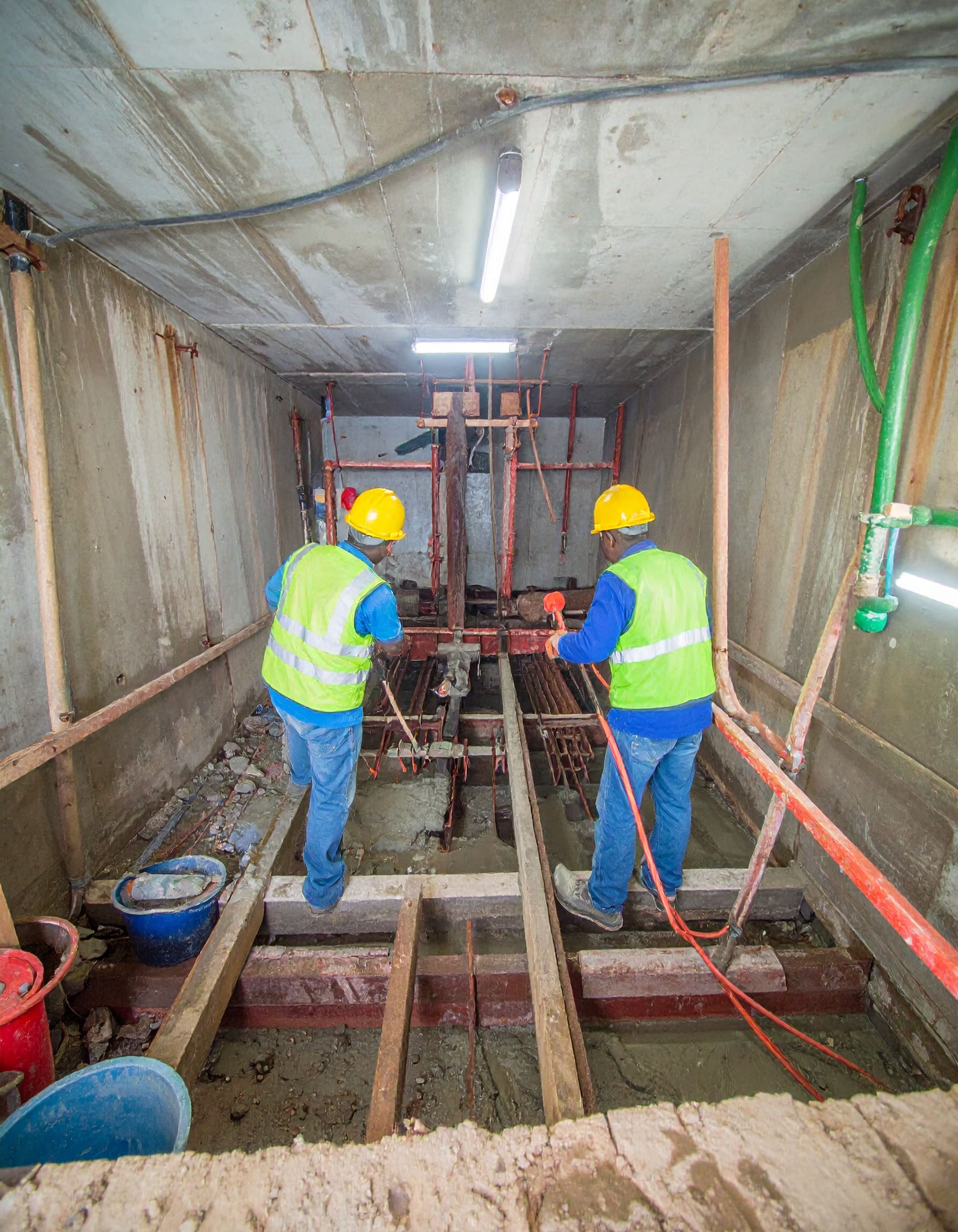 Firefly_A realistic image of African technicians performing lift shaft waterproofing at a com 355747