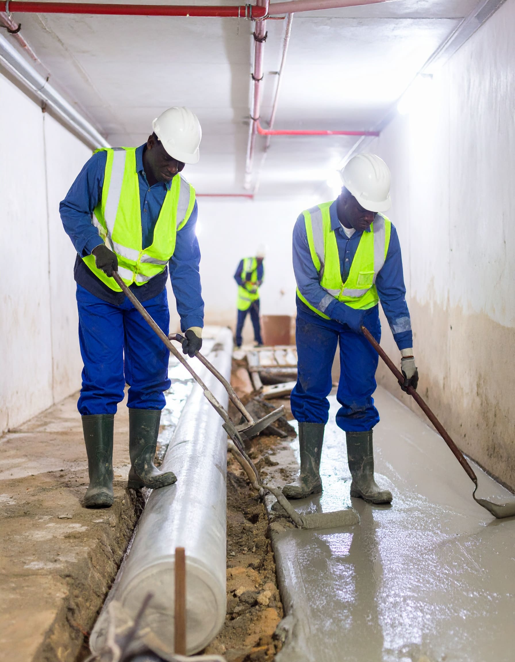 Firefly_A realistic image of African technicians waterproofing the interior of a basement or 966441