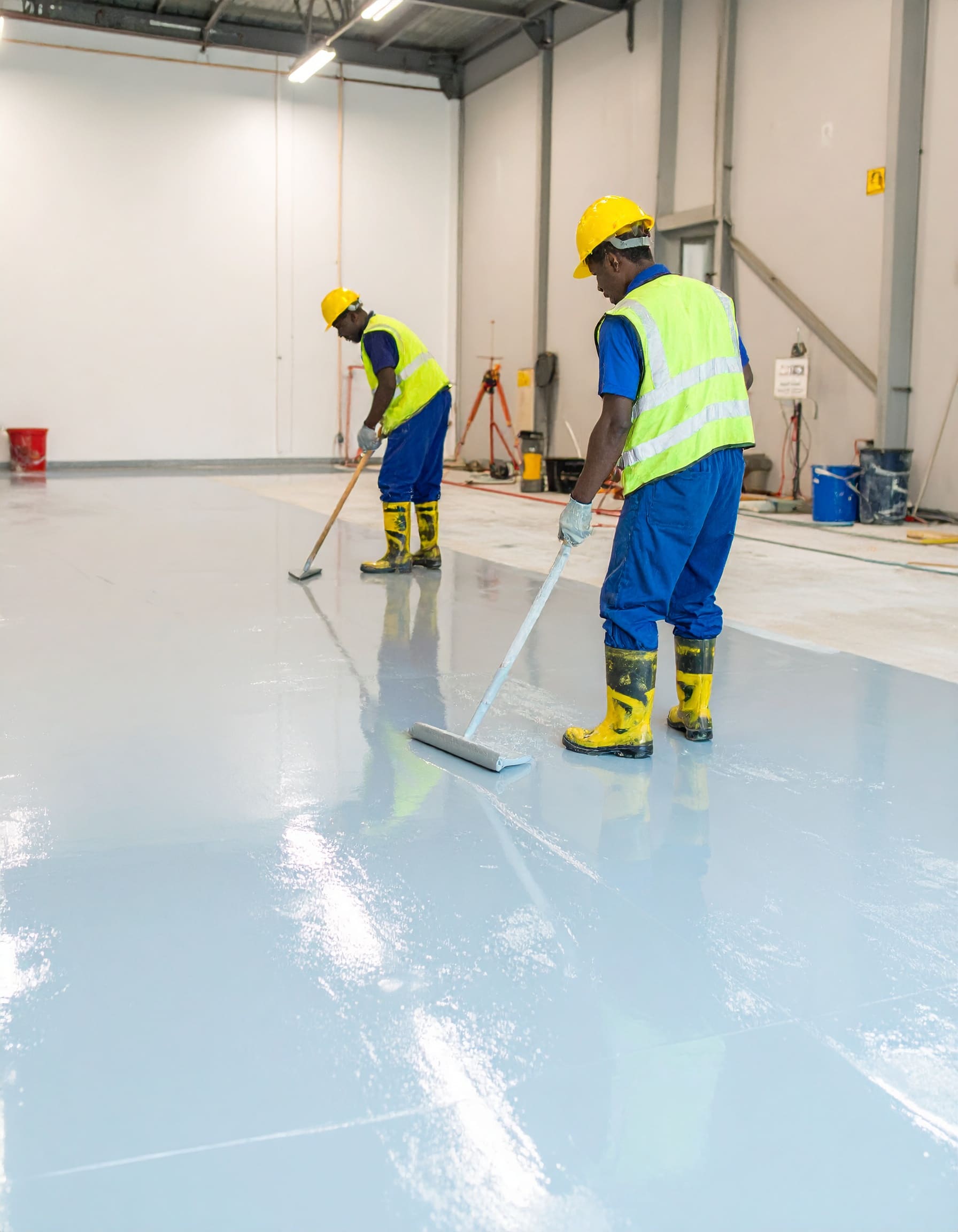 Firefly_A realistic image showing African technicians applying epoxy flooring inside a commer 324721