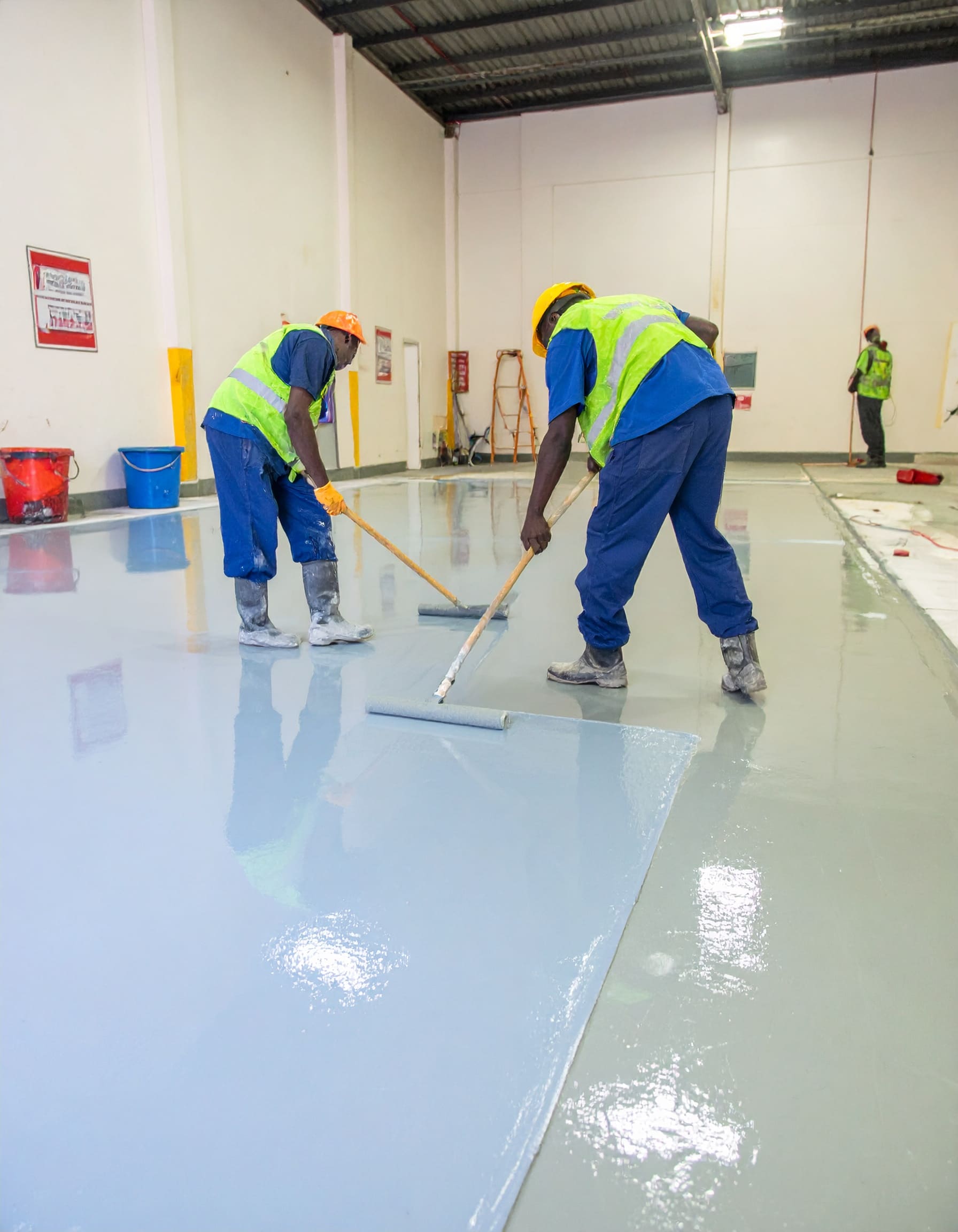 Firefly_A realistic image showing African technicians applying epoxy flooring inside a commer 355747
