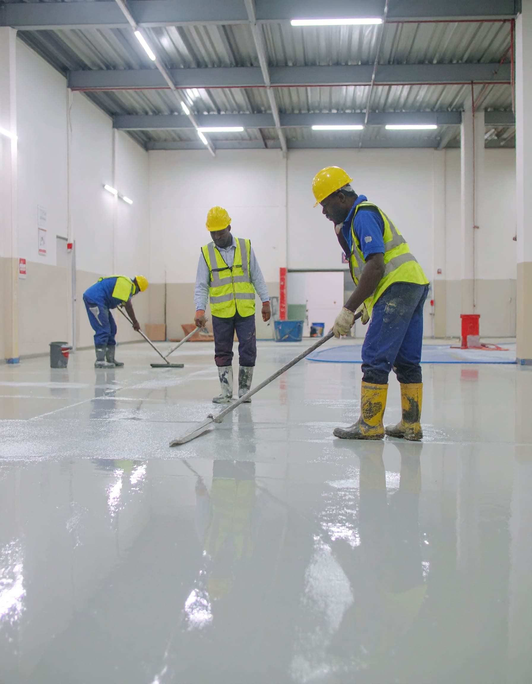 Firefly_A realistic image showing African technicians applying epoxy flooring inside a commer 672006